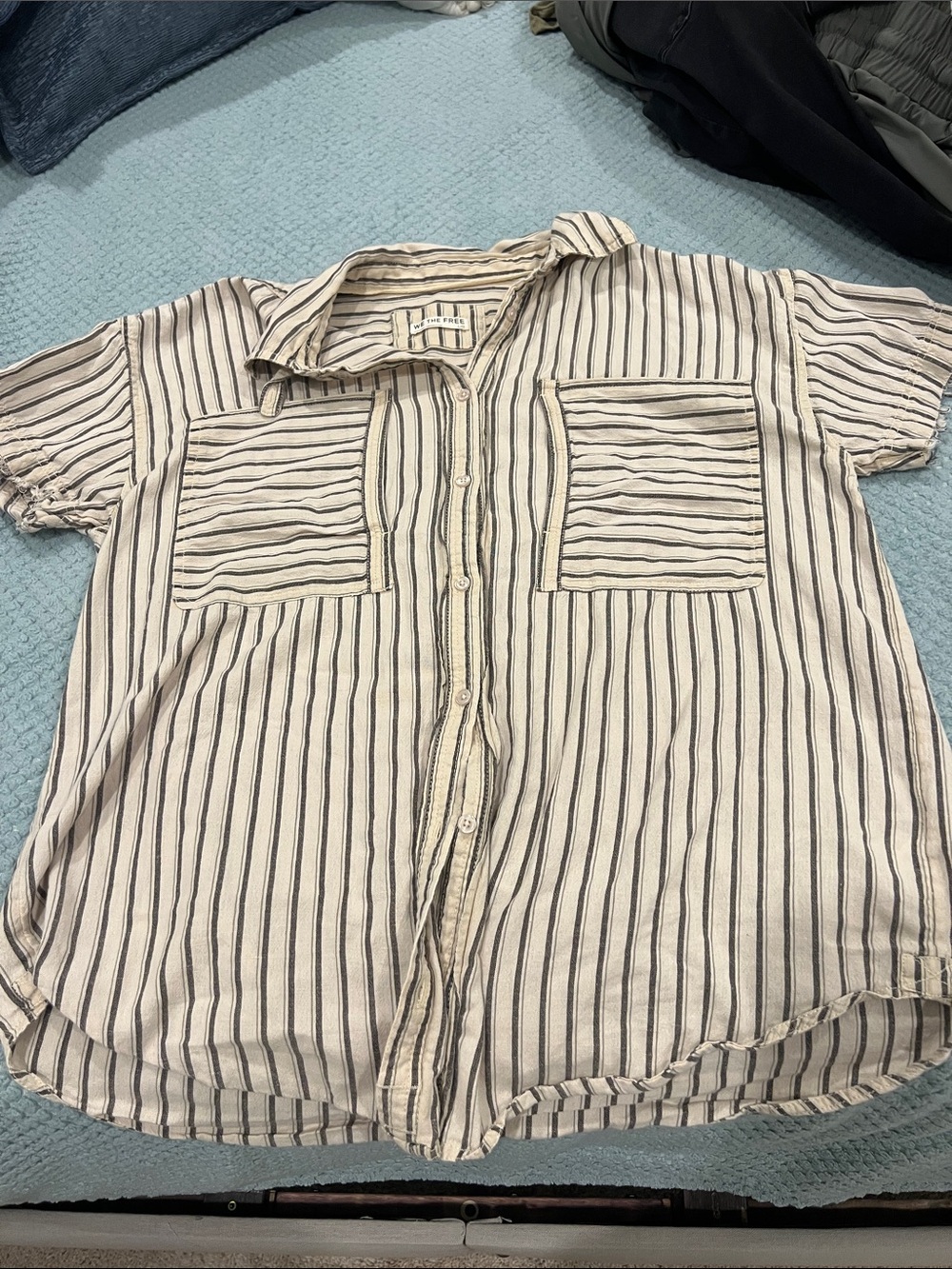 We The Free Cream and Black Striped Short-Sleeve Button-Down Shirt - Relaxed Fit